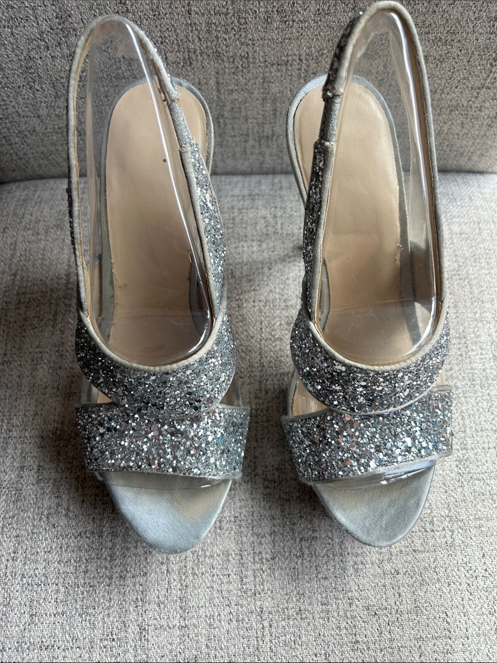 Silver Glitter Slingback Heels - Women